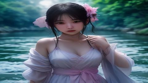 城市喷泉广场美女互动喷水视频，女性在音乐喷泉间嬉戏，水柱从地面喷出将其包围，夜间灯光下画面色彩斑斓