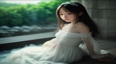 室内游泳馆蓝色泳池边美女嬉水喷水场景，清澈水面倒影与水花形成双重视觉层次，光线柔和通透