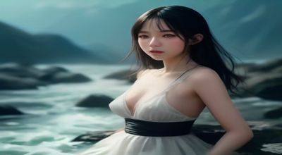 山间溪流旁女性用双手捧水向上抛洒，阳光穿透树叶形成丁达尔光效，水花在光柱中晶莹闪烁，户外自然感十足