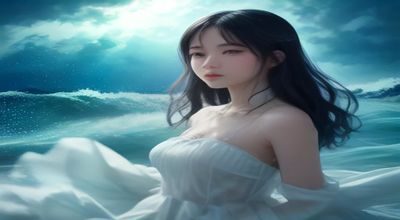 海边沙滩上女性在海浪中嬉戏喷水，蓝天白云与碧海银沙构成大气背景，海浪拍打激起水花四溅