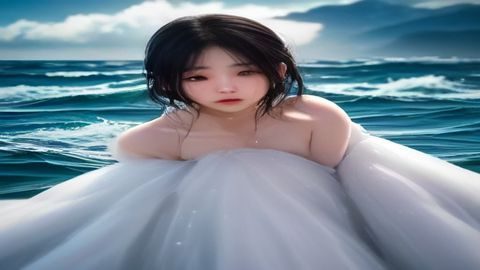 海边美女喷水黄金时段写真，夕阳逆光下女性在海浪中扬起水花，金色光晕与水花形成梦幻剪影效果